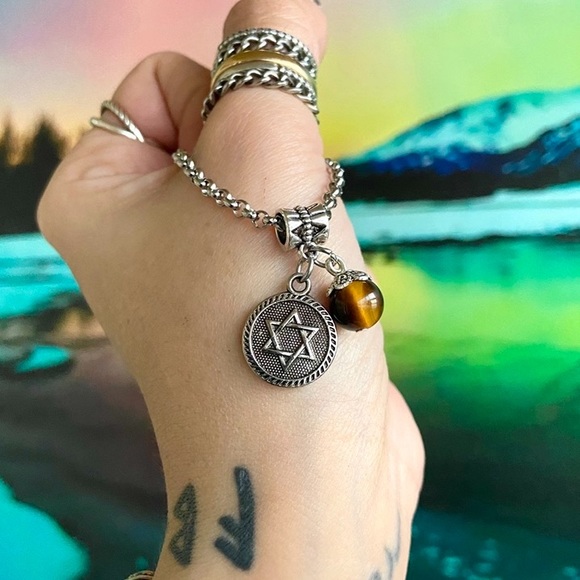 🔴 Sale david’s star medal tiger eye gemstone stainless steel chain necklace - Picture 3 of 7